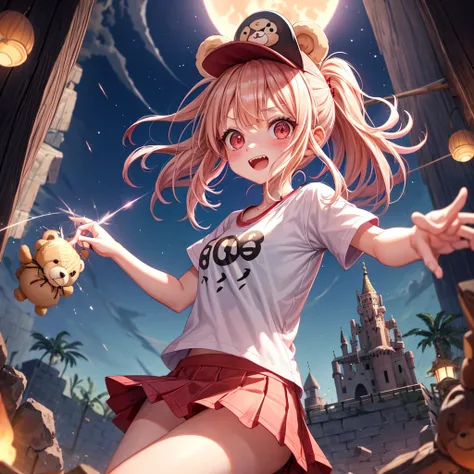 Pink Blonde、Red eyes、Hair tied up、One cute girl、solo、And soul、Checked mini skirt、black t-shirts、one piece、bear ears baseball cap、large tree、Thundercloud、Burning Full Moon、desert、Stones are piled up、Teeth are visible、Fortress City、Tilting face、Starry Sky、fi...