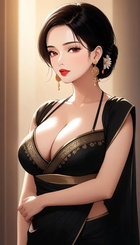 a mature lady with blunt hair, red lipstick,plain  black simple saree, jhumka earrings, saggy breasts, intricate details, high quality, photorealistic, cinematic lighting, warm color tones, elegant portrait,deep cleavage,full body view,