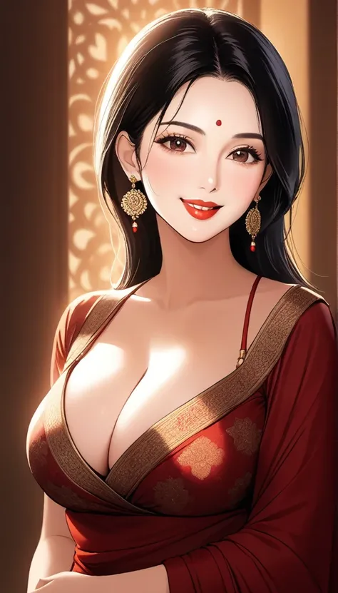 a mature lady with blunt hair, red lipstick, saree, jhumka earrings, saggy breasts, intricate details, high quality, photorealistic, cinematic lighting, warm color tones, elegant portrait,deep cleavage,full body view,, smiling 