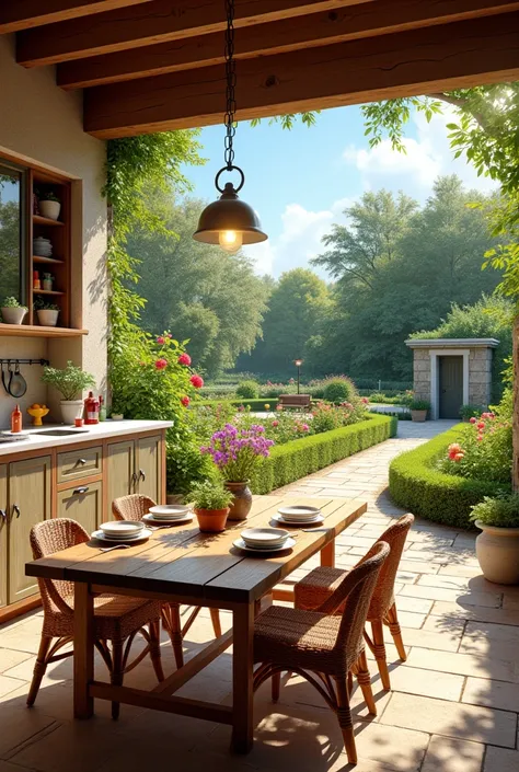 Une cuisine d’été sur une terrasse et un jardin 
