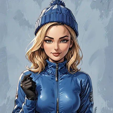 ((girl in blue zipped up down winter jacket and black turtleneck )) and (jeans) and blue gloves and (((blue winter hat)))) exten...