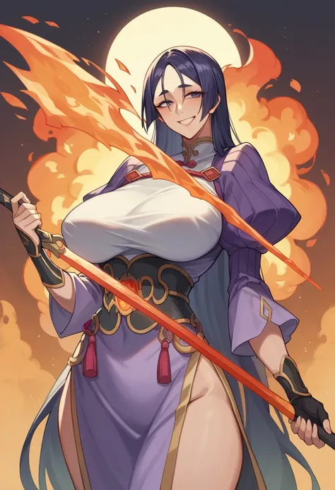 
masterpiece、Highest quality、One Mature Woman、Raikou、Smile like a mother、「Molten lava drips onto the obsidian blade、fiery mythical sword。Decorated with demonic runes、Every detail is carefully crafted。Complex Item and Equipment Array。」