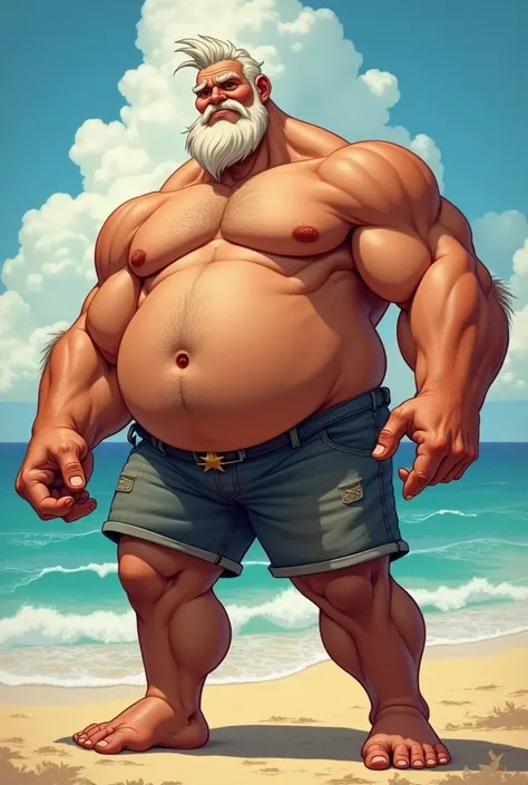 disney art style, huge muscular old man wearing shorts, shirtless, topless, massive muscle