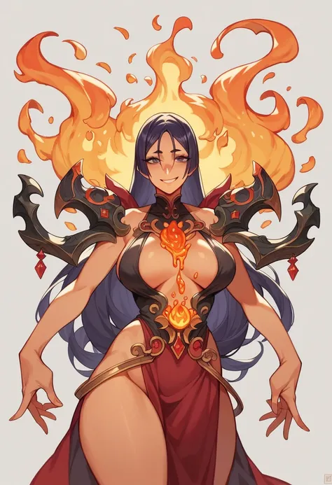 A masterpiece, the highest quality, one mature woman, Raikou, with a motherly smile, "A flaming mythical sword with molten lava dripping down its obsidian blade. Decorated with demonic runes, every detail carefully crafted. An intricate array of items and ...