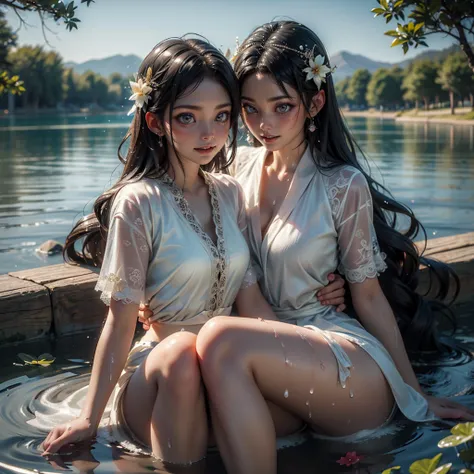 ExtremelyDetailed (((Soaked 5 Celestial maidens bathing in the lake:1.4))), Childish perfect face, Reflective Eyes, Detailed(Delicate Clothing textures), Corrected Leg to Foot Line, Corrected Perfect Hand, Dynamic Joyful Expressions LifeLike Rendering, ((S...