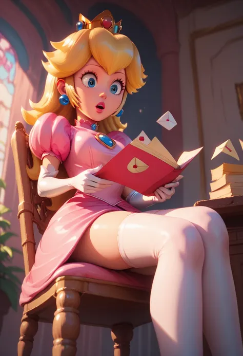 princess peach, sitting, chair, reading a letter, shocked, from below, 3d