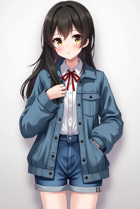 Black gal,One Japanese girl,Denim Jacket ,Collar stand,Denim shorts