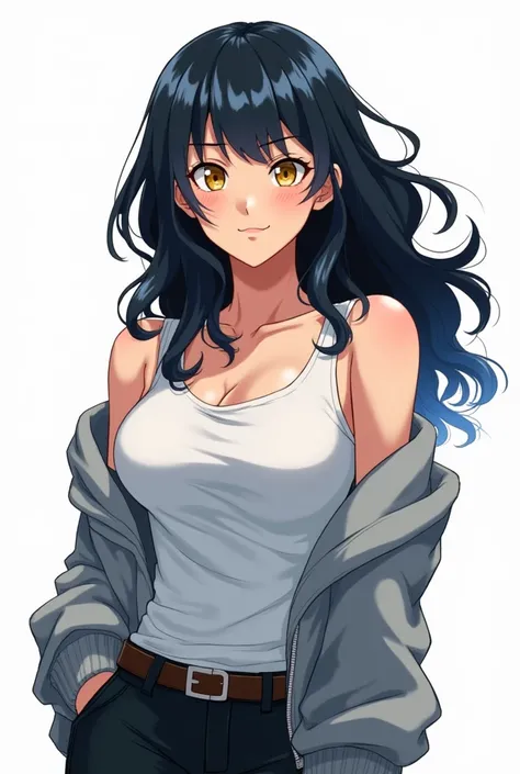 a tall girl, well formed body, eyes the color of honey, Long wavy black hair with light blue highlights, white test,a black shirt with a grey sweater, my hero academia style 