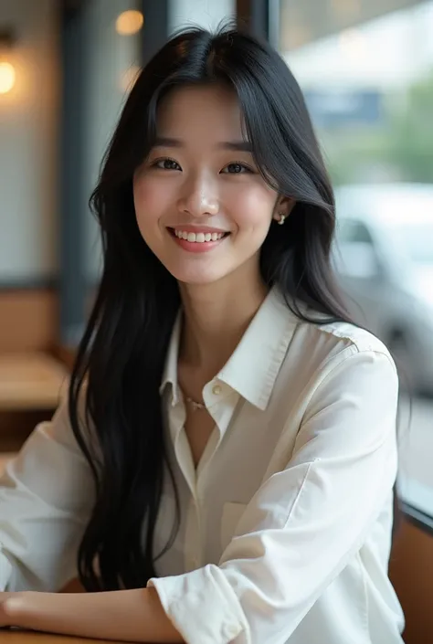 A photorealistic portrait of a young Japanese woman with long black hair and natural makeup, wearing a casual white blouse, sitting in a modern Tokyo cafe with soft window light