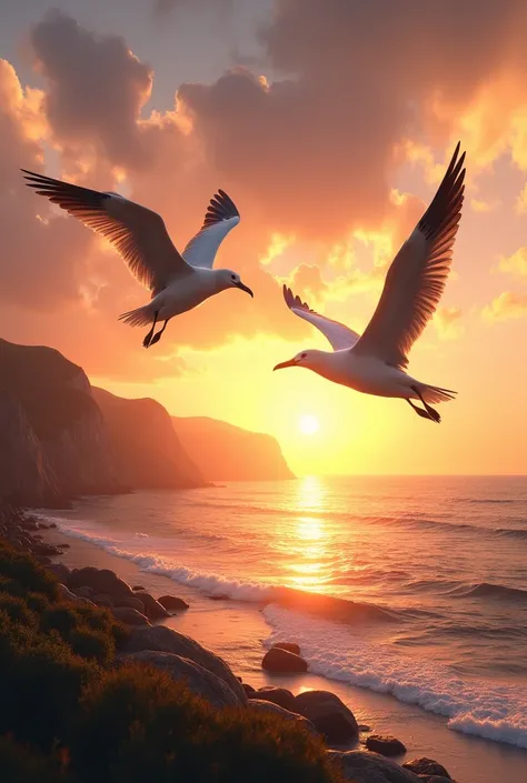 beautiful seaside sunset scene with flying couple albatross