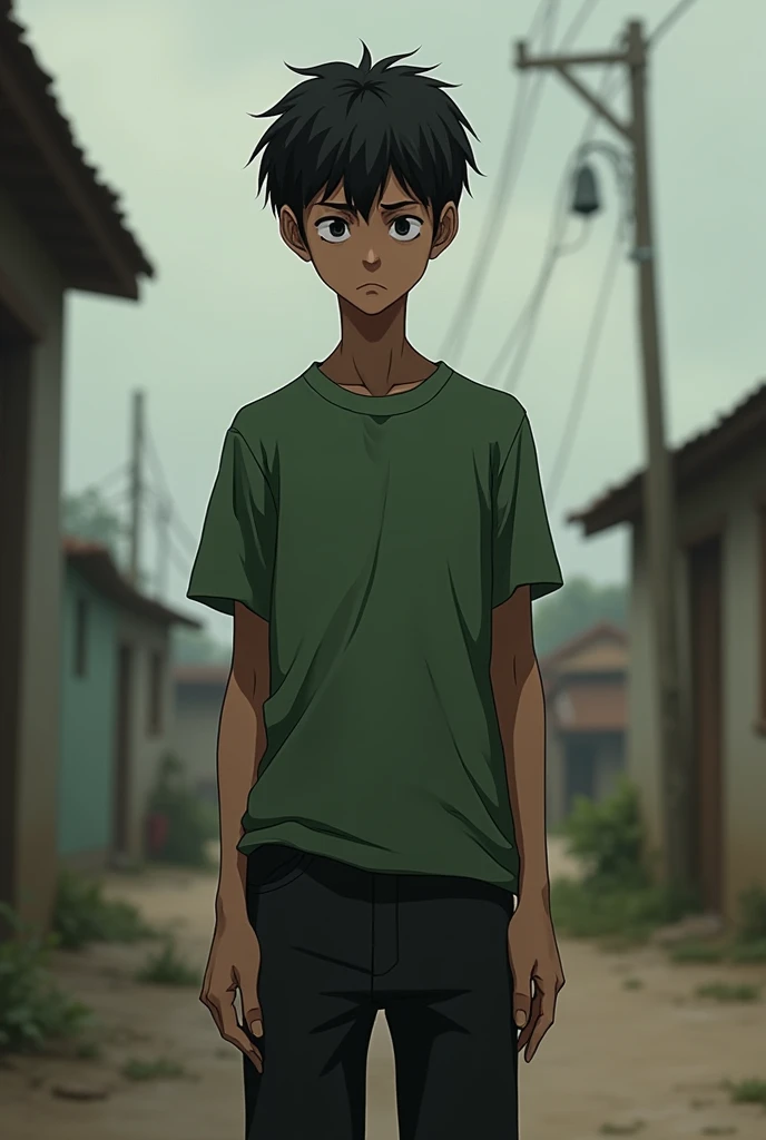 a tall skinny depressed poor boy in green collar tshirt and in black full lower