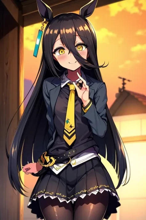 masterpiece, Highest quality:1.2), Manhattan cafe(umamusume), One Woman, alone,Glowing Skin、Yellow Eyes、Eyes without highlights、Thick legs、Are standing、Cowboy Shot、smile、Black Skirt,Black Business Shirt、Yellow tie,Black jacket,pantyhose、Blowjob practice