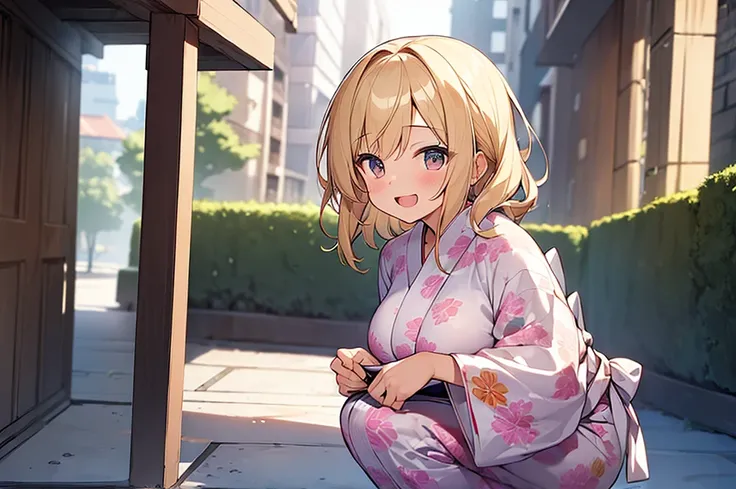 (Masterpiece, Top quality:1.5), 1 beautiful girl, solo, squatting down, from side, Blonde, medium Hair, wavy Hair, asymmetry bangs, swept bangs, airy hair, large breasts:1.4, 16 year old, standard weight, (yukata :1.3), smile:1.3, blush, beautiful scene of...