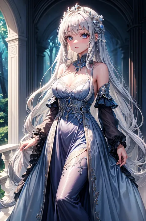 Picture a girl with flowing silver hair, dressed in a gown made of moonlight, standing in a lush, enchanted forest. Her eyes sparkle like stars as she interacts with mystical creatures.