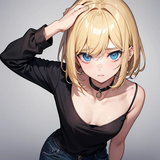 A boy halfway in transforming into a blonde girl, scared look, black shirt, blue jeans, girl variants of clothing, serounded by boys, in pain