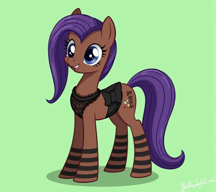 (My little pony), adult content, detailed face, black panties, purple hair, dark brown body, dark blue eyes, eyelids, eyeshadow, bow, (big breasts), seductive face, (high detailed), (thong), lace camisole top, striped stockings, (cleavage line), text "Bell...