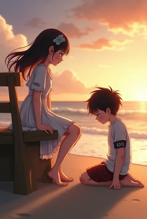 A girl with long hair sitting on a wooden bench on a beach and a boy crying from the ground on the other side..A photo with the name HIRU on the girl&#39;s dress and ADHI on the boy&#39;s armband.