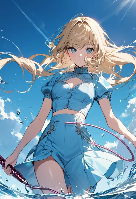 A girl in a sky blue outfit with her long blonde hair blowing in the wind over the crystal clear waters holding a sparkling whip. 
