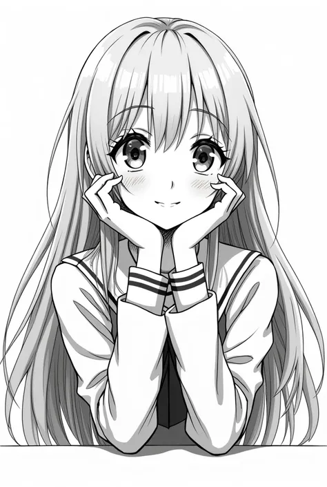 It’s a black and white picture like it is from a manga, there is a beautiful girl with gray long hair a cute smile small nose doing something with her face leaning on her hands wearing a modern school uniform, she is sitting on a chair with a table in fron...