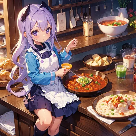 {{{Masterpiece, highest quality, high-resolution background}}}, bright and beautiful atmosphere, 1 girl (7 years old, round face, baby face), small breasts, kitchen, curry in a very large sleeve, wearing an apron, A girl wearing a kappou uniform and shakin...