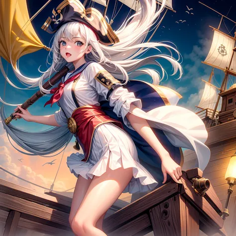 One Girl, pirate, Highest quality、Cinema Lighting、Sailor suit、Long skirt、Galleon Deck、White panties,