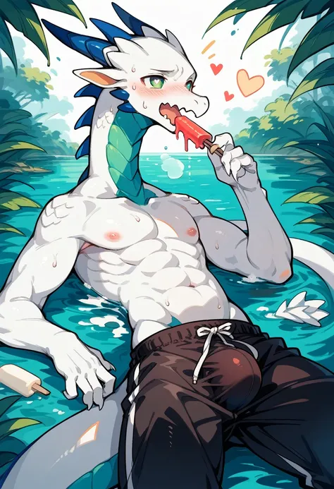 东方White Dragon（Species），White Dragon，Dark green eyes，Fit body，Dark personality，Bulge in pants，blush，sweat，Slobber，emaciated，Open your legs，Long neck，Milk flowing on face，Covered in milk，Shota，Swimming pants，Scales，Heart pupil，Kneel down，Thin legs，sweat，Eat...