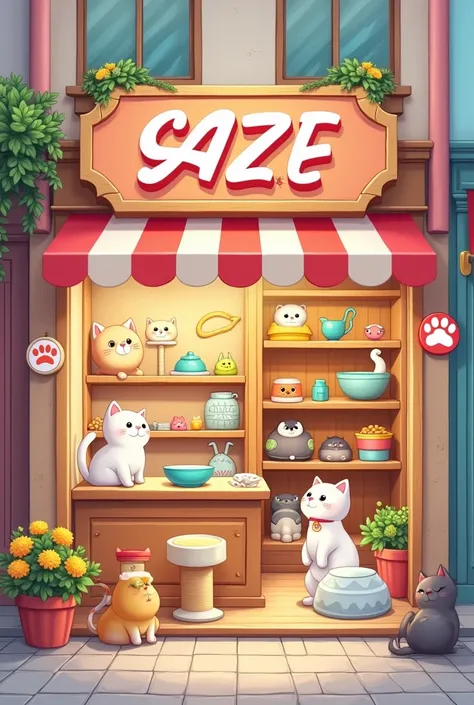 Create a design of this name "Divine paw shop", make it cute and interesting by adding different cat toys and products like cat bowls food etc
