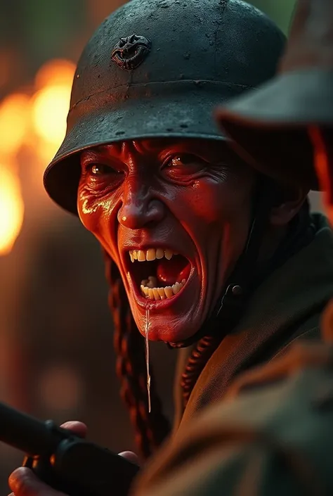 Photographic still of japanese soldiers on war word two, battle with indonesian soldier,translucent skin, teeth dripping,, veins showing beneath its skin, dark, onimous cinematic. Fire efect