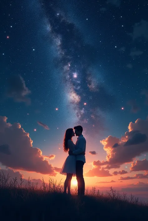 Lovers with a star cross behind them on the horizon 