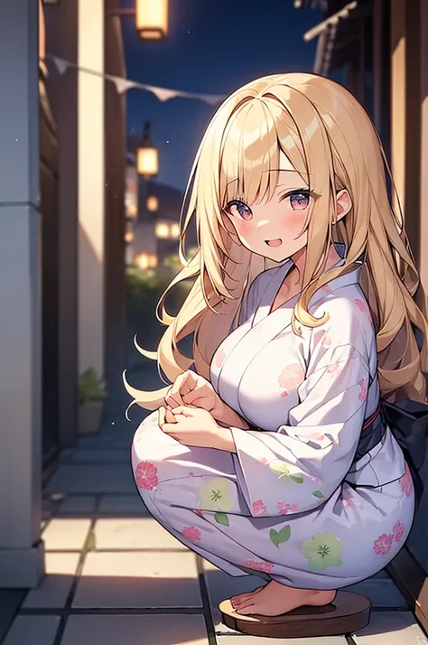 (Masterpiece, Top quality:1.5), 1 beautiful girl, solo, squatting down, from side, Blonde, medium Hair, wavy Hair, asymmetry bangs, swept bangs, airy hair, large breasts:1.4, 16 year old, standard weight, (yukata :1.3), smile:1.3, blush, beautiful scene of...