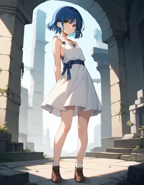 (((masterpiece, ultra-detailed))), Anime Style, nsfw, white backless dress, standing,yamada ryo, mole under eye, hairclip, Blue hair, teenager, Emotionless, ruins
