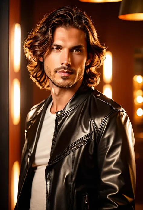 a person with wavy brown hair, with warm reflections, he is wearing a black leather jacket that shines slightly under the light....