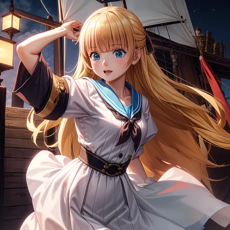 one girl, pirate, highest quality、cinema lighting、sailor suit、long skirt、galleon deck、white panties,