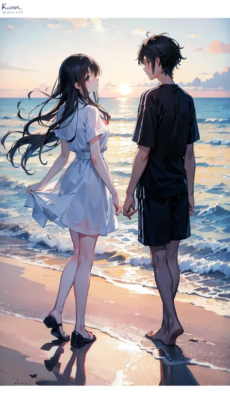 The seaside where the morning sun rises、A silhouette of a couple standing together and looking towards the future
,Black Hair,Simple clothing,masterpiece, 8k octane