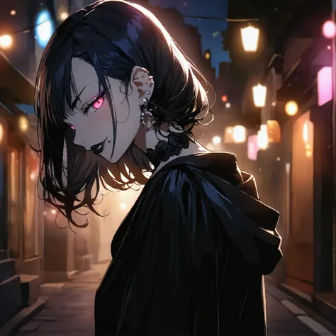 anime women, goth girl, dark hair, standing in a street at night, cinematic lighting (best quality:1.2),ultradetailed,vivid colors,bokeh, seductive looking face with smirk on mouth, piercing, looking back from a shoulder at the camera, black lips gloss
