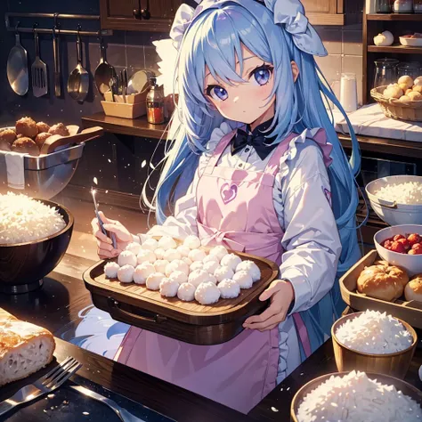 {{{Masterpiece, highest quality, high resolution background}}}, bright and beautiful atmosphere, 1 girl (7 years old, round face, baby face), small breasts, kitchen, lots of rice balls on the cutting board, wearing an apron, A girl holding a rice ball, ric...