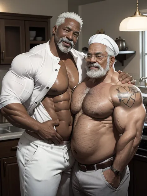 Hyperrealistic image of an African pastry chef hugging a bare-chested man, A very old and very sweaty superhero with very gray hair.., A very muscular and fat 80+ 20-year-old bodybuilder weighing over 200 kilos with his torso naked, large and flaccid pecto...