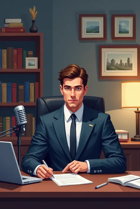 Realistic pixart style of a professional businessman sits confidently behind a well-organized desk in a modern office. He is dressed in a sharp, tailored suit, exuding success and professionalism. Behind him, there’s a bookshelf filled with books, and fram...