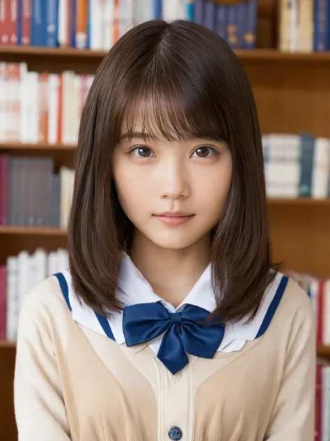 One Girl, (beautiful girl, Delicate girl:1.3), (14 years old:1.3),
break, (Uniform Costume:1.3),
break, (Standing in the library:1.2),
break, Very beautiful eyes, (Symmetrical eyes:1.3),
break, Small breasts, Brown eyes, Parted bangs, Brown Hair, (Upper te...