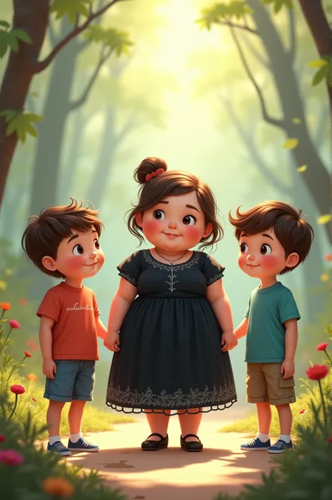 2 boy with 1 girl and one chubby girl black dress 