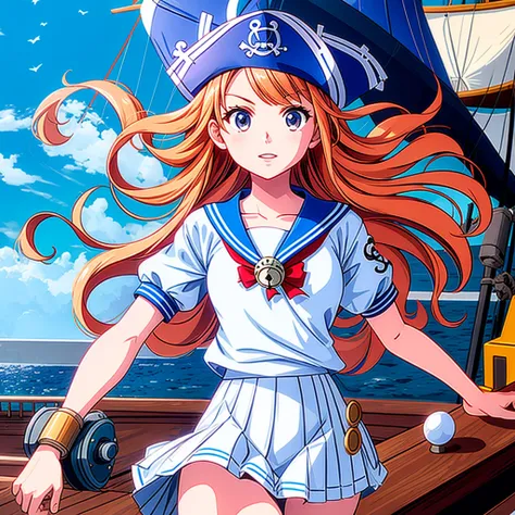 One Girl, pirate, Highest quality、Cinema Lighting、Sailor suit、Long skirt、Galleon Deck、White panties,