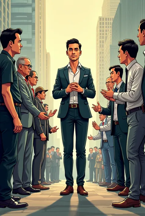 Imagine a political cartoon where the Philippine media is represented by a figure, such as a news anchor or a journalist, standing in the center of the frame. The figure is surrounded by various stakeholders, such as politicians, business leaders, and the ...