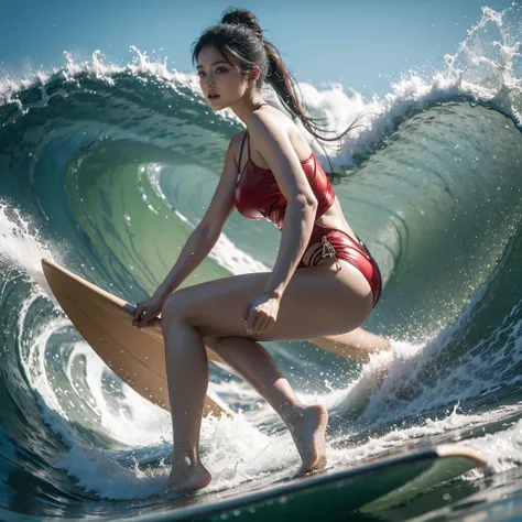 (Luminism:1.28), Side view, TopQuality 8K Masterpiece (ProfessionalPHOTO:1.37) (Extremely Detailed (Girl Crouching on a Life Size surfboard)), Colorful morning Glory Rays, (There is Only one surfboard under her foot:1.32) Sparkling Water Splashing Water Pa...