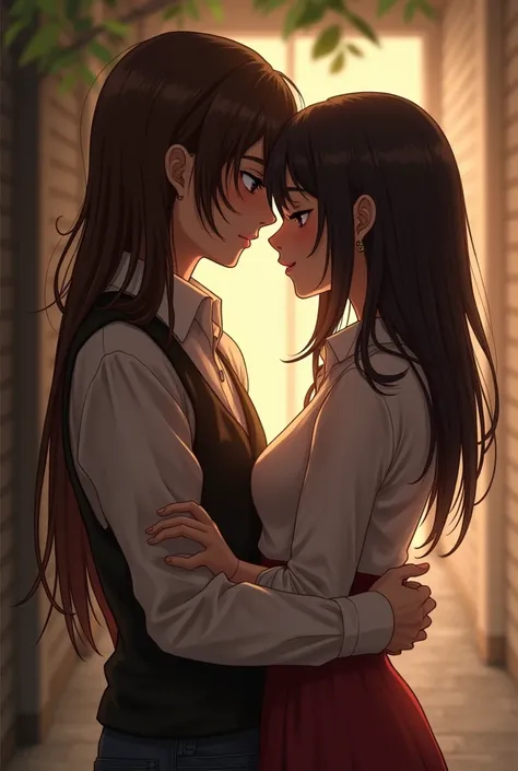 a girl with really short, dark brown hair. which is not longer than the beginning of her neck. she has a rebellious vibe. she’s kissing with a sweet boy, who has brown and very long straight hair. they are in love. she’s touching him. make it look very int...