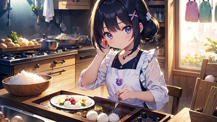 {{{Masterpiece, highest quality, high resolution background}}}, bright and beautiful atmosphere, 1 girl (7 years old, round face, baby face), small breasts, kitchen, lots of rice balls on the cutting board, wearing an apron, A girl holding a rice ball, ric...