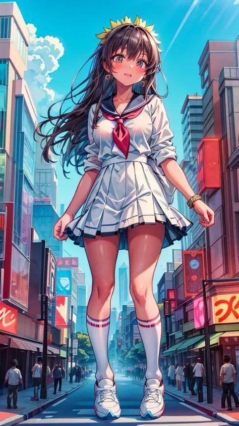 Composition viewed from below　blue sky　cumulonimbus　Sun light　masterpiece　((Brown skin))　((Sunburn))　Anime Style　Delicate painting　4K　90s　giant　Multiple Girls　crowd　 ((Black Hair))　　Metropolis　　　crowd　Crowd of people　((A giant schoolgirl standing in the va...