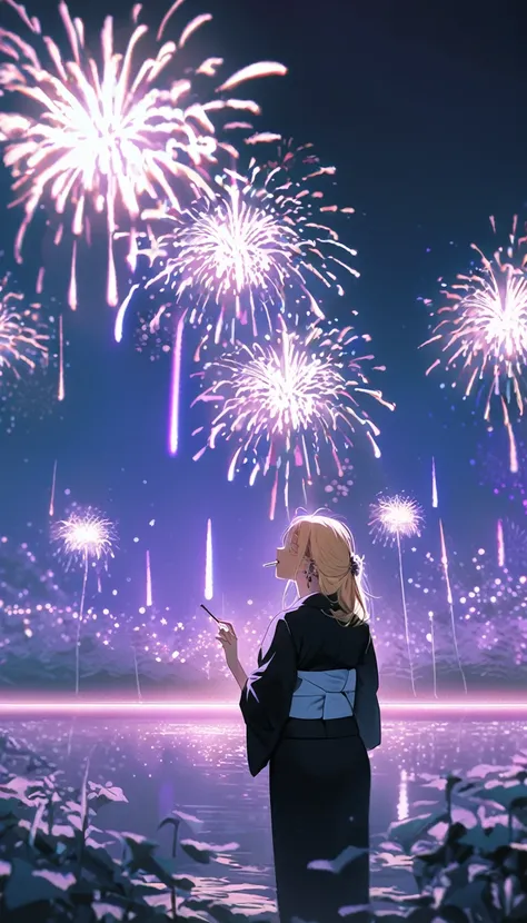 standing in front of a lake with fireworks like sunflower, A cool, mature female character with long blonde hair wearing a black yukata with a white obi.。Character is looking up while smoking a cigarette。She wears multiple piercings、The whole room is bathe...