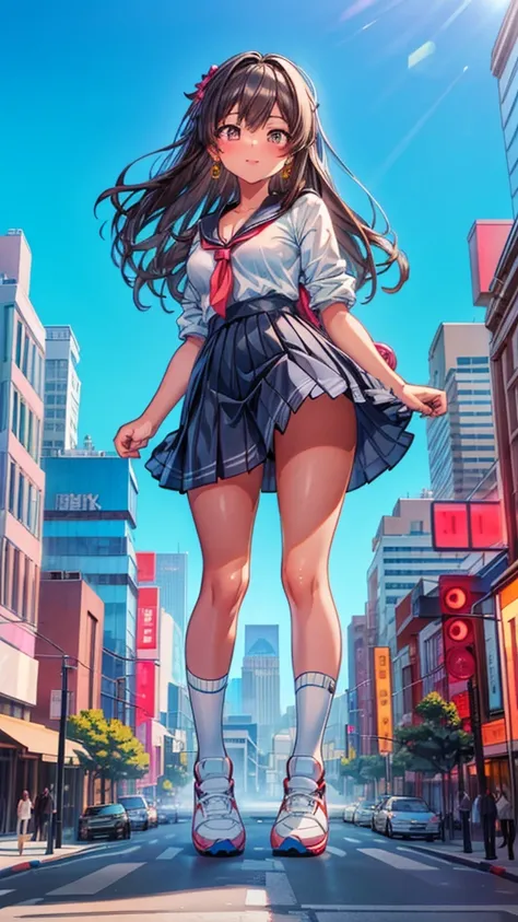 Composition viewed from below　blue sky　cumulonimbus　Sun light　masterpiece　((Brown skin))　((Sunburn))　Anime Style　Delicate painting　4K　90s　giant　Multiple Girls　crowd　 ((Black Hair))　　Metropolis　　　crowd　Crowd of people　((A giant schoolgirl standing in the va...