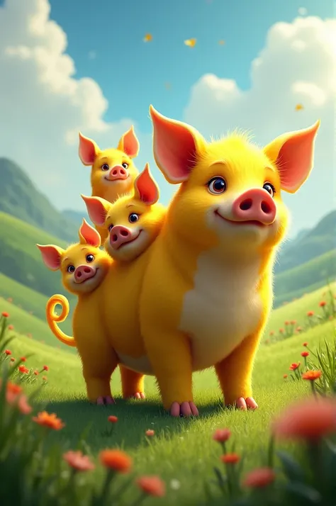 Three-headed yellow pig