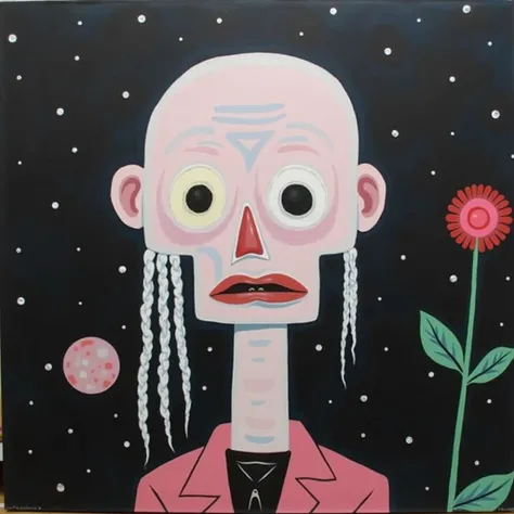 **flat oil painting depicting a bald humanoid albino old man, "big mouth", "holding a red flower in his hand", "big head and long thin neck", "pink moon in the background", "black night studded with stars", graffiti painting by Jean-Michel Basquiat.**